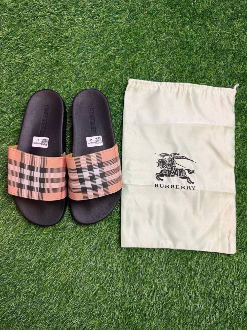 Burberry Men’s Pink Beige Check Slide Sandals Dm Tele Pintsellz
